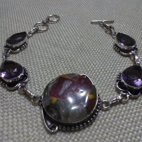 Gorgeous OYSTER TURQUOISE & AMETHYST Handmade Sterling Bracelet Size 7 3/4" 968B - Picture 2 of 3